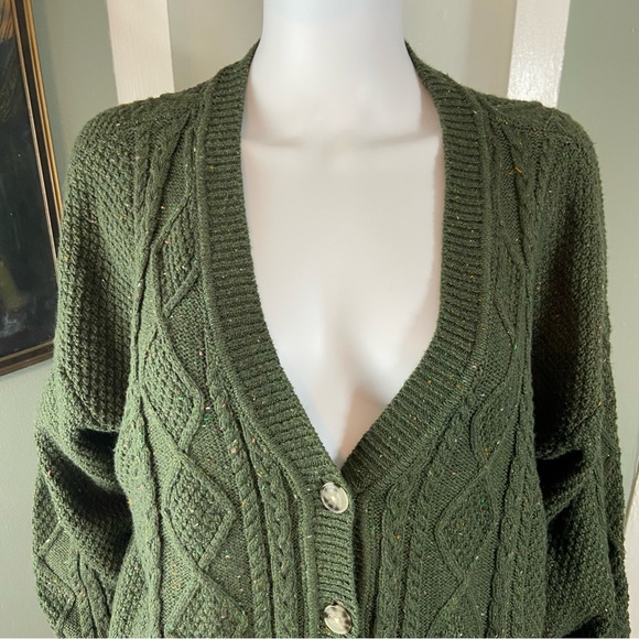 New nwt LOFT Forest Green Flecked Cable Knit Cardigan XLarge xl cotton blend - Picture 5 of 11